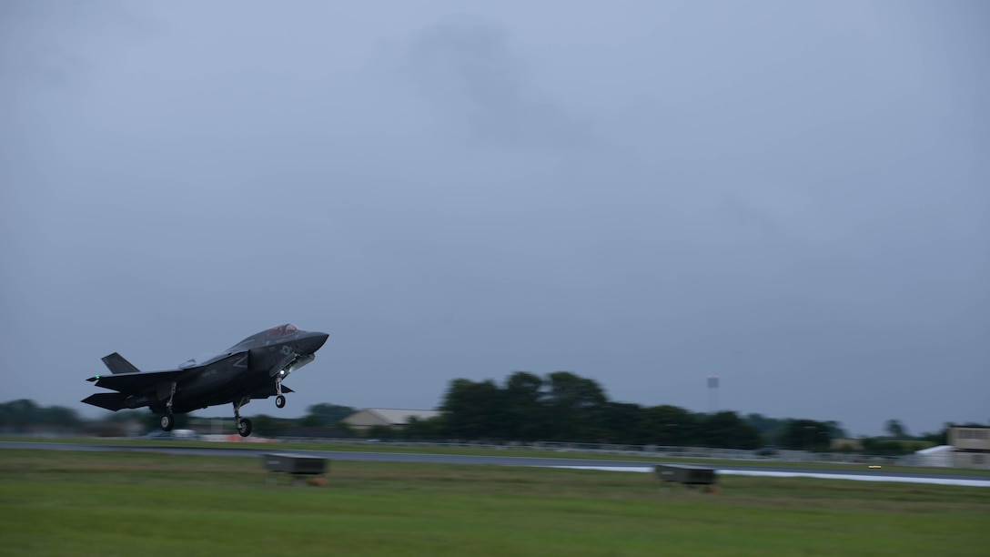 An F-35B Lightning II lands at Royal Air Force Base Fairford in the United Kingdom after the first F-35 trans-Atlantic flight, June 29, 2016. Three F-35B’s flew from Marine Corps Air Station Beaufort, South Carolina and landed at RAF Fairford in Gloucester, England. They were assisted by two KC-10’s and refueled 15 times over the Atlantic Ocean. 
