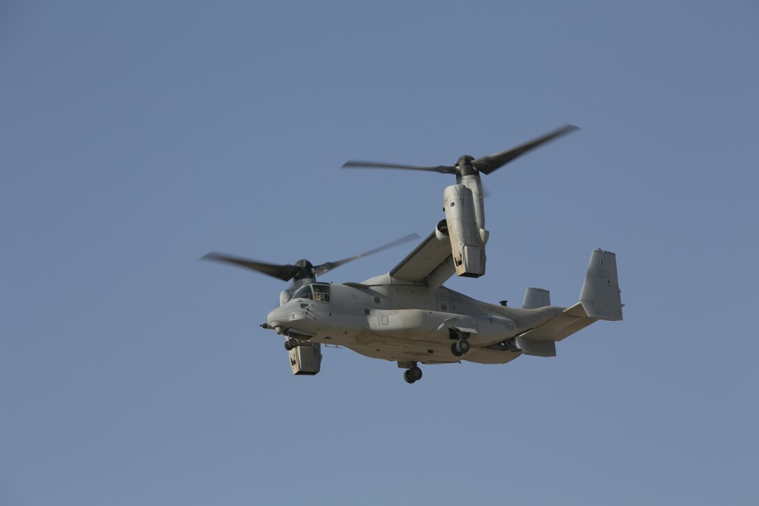 An MV-22 Osprey, with Marine Aircraft Group 39, asends on a landing zone at the Chocolate Mountaing Training Area, Yuma Ariz. druing an Marine Air Ground Task Force Intergration Exercise, June 22, 2016. This integration training tested the ground combat element and air combat element ability to work together to perform the insert of troops in defense of a territory. (Official Marine Corps photo by Cpl. Thomas Mudd/Released)