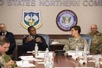 Gen. Darren McDew, U.S. Transportation Command commander, visited NORAD and USNORTHCOM June 29, 2016, to welcome Gen. Lori Robinson, the new commander of NORAD and USNORTHCOM, and to discuss her vision for the two commands. The two commanders also discussed their shared equities regarding military air transportation and Defense Support of Civil Authorities missions.  (Photo by Tech. Sgt. Joe Laws)