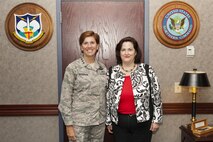 The Honorable Katherine Hammack, Assistant Secretary of the Army (Installations, Energy, and Environment) visited NORAD and USNORTHCOM June 29, 2016, to discuss Army installations with Gen. Lori Robinson, commander of NORAD and NORTHCOM.  They discussed how the Army installations support the two commands’ missions.  (Photo by Dennis L. Carlyle)