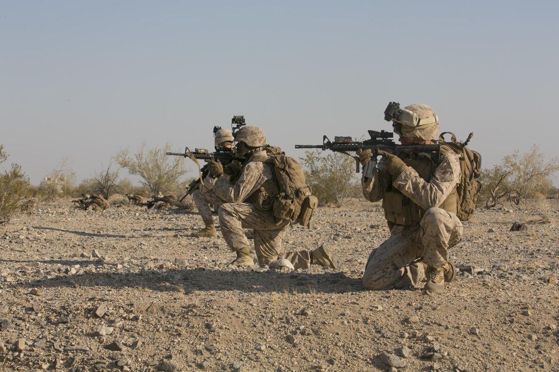 Marines of Company I, 3rd Battalion, 4th Marines, 7th Marine Regiment, conduct a Marine Air Ground Task Force Integration Exercise at the Chocolate Mountain Training Area, Yuma, Ariz., June 22, 2016. This integration training tested the ground combat element and air combat element ability to work together to perform the insert of troops in defense of a territory. (Official Marine Corps photo by Cpl. Thomas Mudd/Released)
