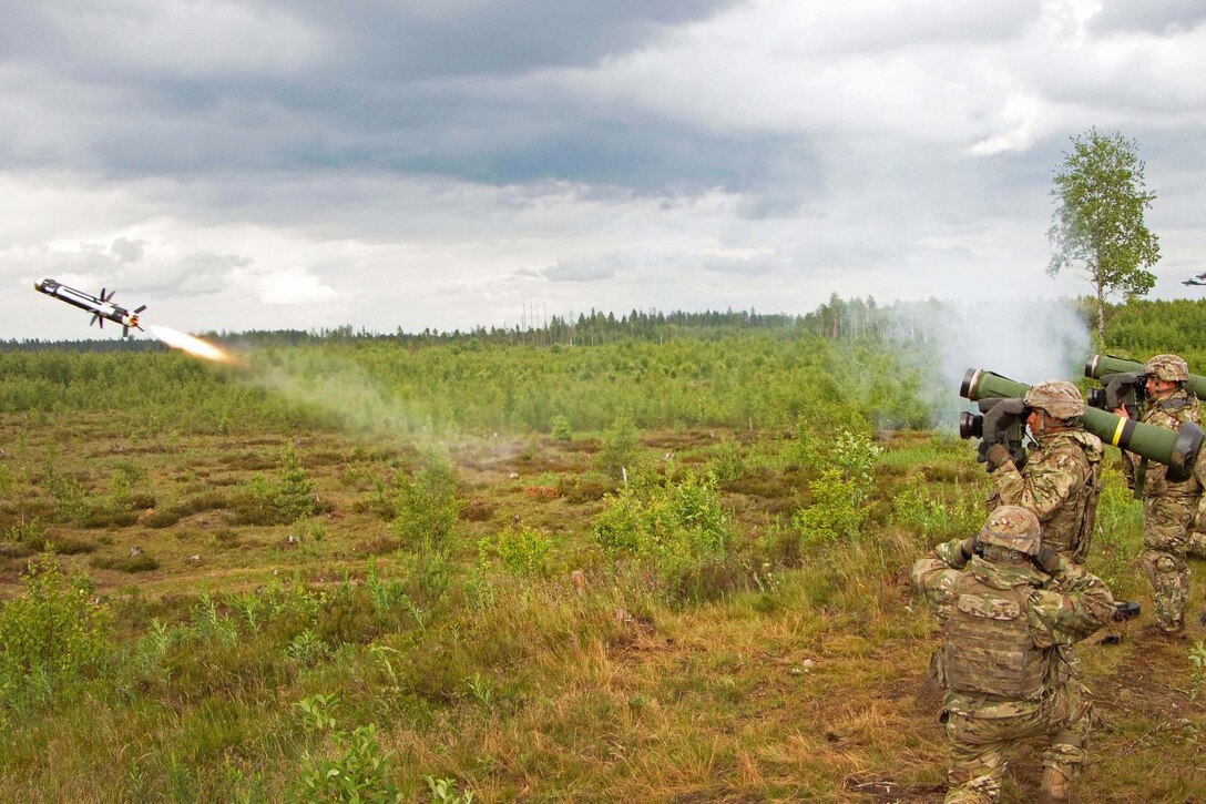 Army Spc. Jose Enriquez fires a Javelin Anti-Tank Missile down range during Saber Strike 16 in Tapa, Estonia, June 19, 2016. Saber Strike is a U.S. Army Europe-led training exercise to improve interoperability among the 13 participating nations. Army photo by Staff Sgt. Jennifer Bunn
