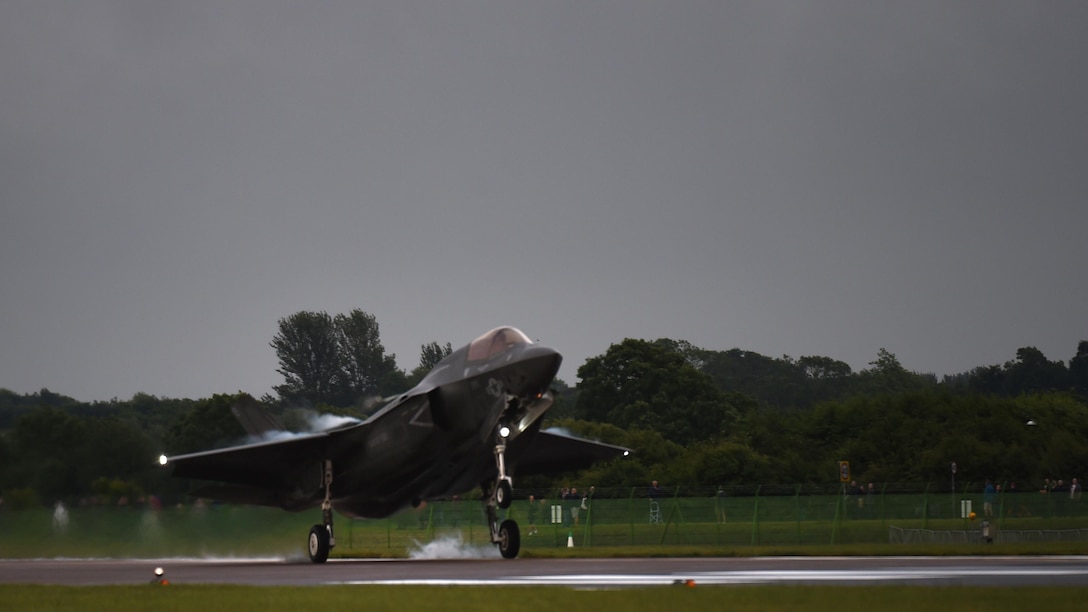 An F-35B Lightning II touches down at RAF Fairford, United Kingdom, June 29, 2016. This marks the first time an F-35B has landed on UK soil. (U.S. Air Force photo by Tech. Sgt. Jarad A. Denton/Released)