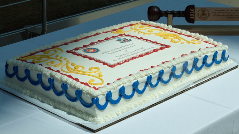 A cake celebrating the 100th anniversary of the Diplomatic Security Service was displayed during a ceremony at the National Museum of the Marine Corps in Triangle, Virginia, June 29, 2016. Originally called the Bureau of Secret Intelligence, the DSS is the security section of the Department of State that takes charge of U.S. law enforcement abroad in dealings with U.S. diplomacy and foreign dignitaries.