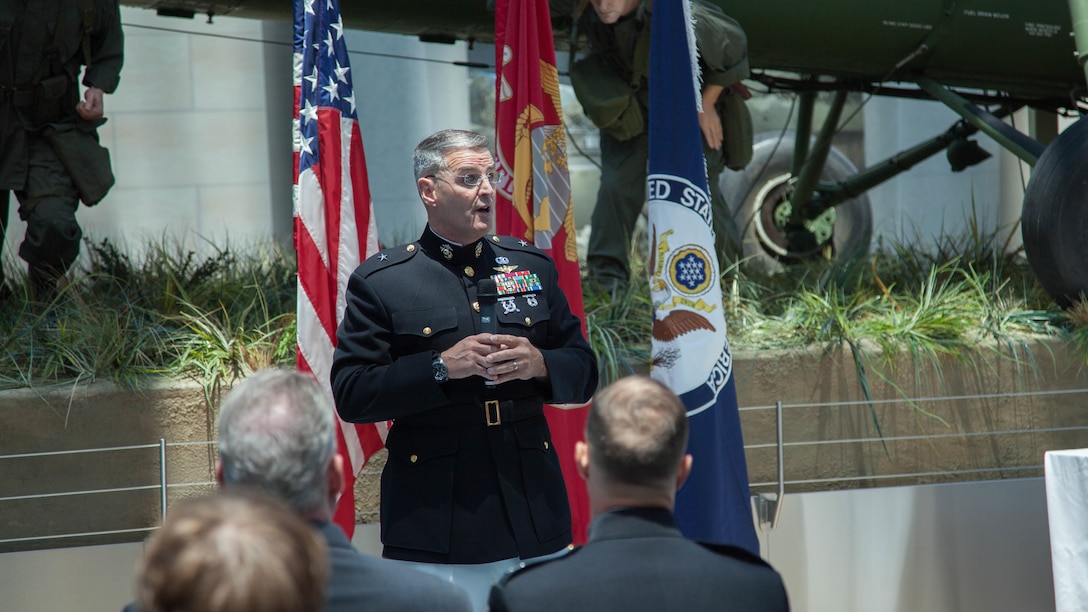 Brig. Gen. Christopher J. Mahoney speaks to an audience during the Diplomatic Security Service Centennial ceremony at the National Museum of the Marine Corps in Triangle, Virginia, June 29, 2016. Originally called the Bureau of Secret Intelligence, the DSS is the security section of the Department of State that takes charge of U.S. law enforcement abroad in dealings with U.S. diplomacy and foreign dignitaries. Mahoney is the director of Strategy and Plans Division, Plans, Policies and Operations, Headquarters Marine Corps.
