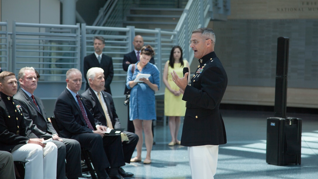 Brig. Gen. Christopher J. Mahoney speaks to an audience during the Diplomatic Security Service Centennial ceremony at the National Museum of the Marine Corps in Triangle, Virginia, June 29, 2016. Originally called the Bureau of Secret Intelligence, the DSS is the security section of the Department of State that takes charge of U.S. law enforcement abroad in dealings with U.S. diplomacy and foreign dignitaries. Mahoney is the director of Strategy and Plans Division, Plans, Policies and Operations, Headquarters Marine Corps.