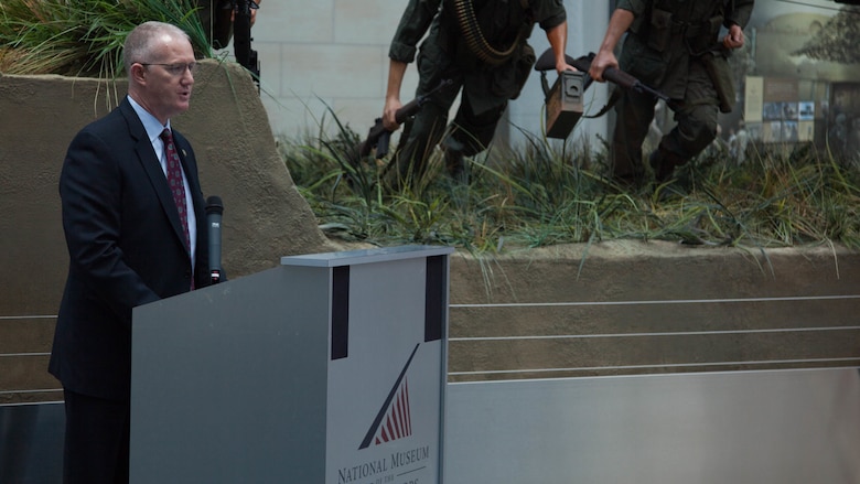 Bill A. Miller, the director of the Diplomatic Security Service, speaks to an audience during the Diplomatic Security Service Centennial ceremony at the National Museum of the Marine Corps in Triangle, Virginia, June 29, 2016. Originally called the Bureau of Secret Intelligence, the DSS is the security section of the Department of State that takes charge of U.S. law enforcement abroad in dealings with U.S. diplomacy and foreign dignitaries.