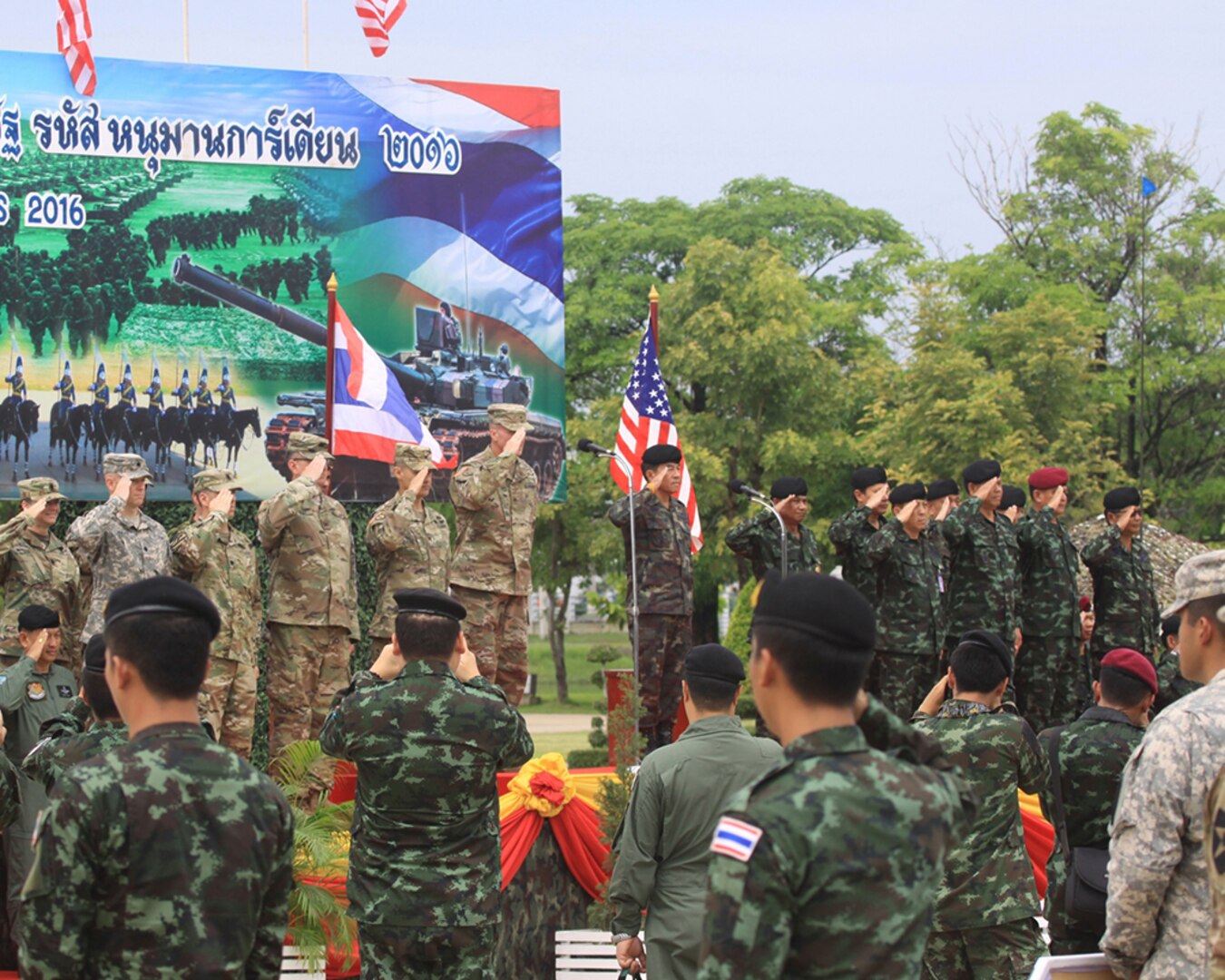 FORT ADISORN, Thailand  (June 27, 2016) - Brig. Gen. Brian Alvin, Deputy Commanding Gereral, U.S. Army Reserve and Lt. Gen. Thakonkiat Nuanyong, Director General of the Royal Thai Army Training Command address a U.S.-Thai formation at Fort Adisorn prior to beginning Hanuman Guardian, part of Pacific Pathways. Hanuman Guardian is a joint U.S. - Thai exercise focused on military interoperability while providing disaster relief.