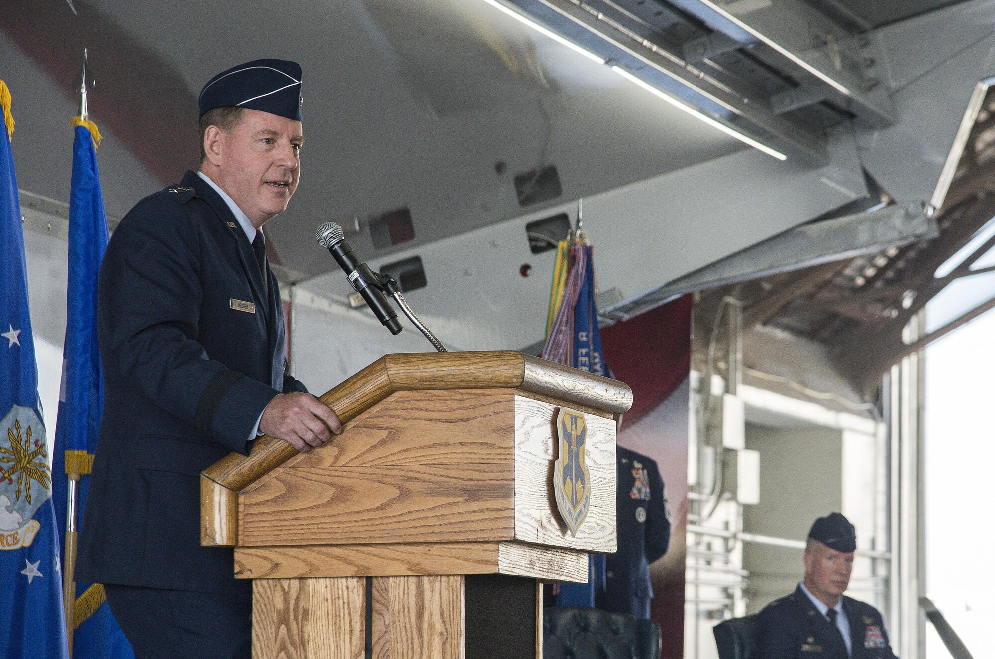 Maj. Gen. James B. Hecker, 19th Air Force commander, addresses the crowd during the 12th Flying Training Wing assumption of command ceremony, June 30, 2016 at Joint Base San Antonio-Randolph, Texas. The 12th FTW is responsible for pilot instructor training, combat systems officer training, remotely piloted aircraft pilot indoctrination and basic sensor operator qualification. The wing manages all airmanship programs for U.S. Air Force Academy cadets, and introductory fIight screening for all Air Force officers scheduled to enter pilot, combat systems officer or remotely piloted aircraft training. The wing also hosts an Introduction to Fighter Fundamentals Program and conducts electronic warfare training for the U.S. Air Force and multi-national forces.