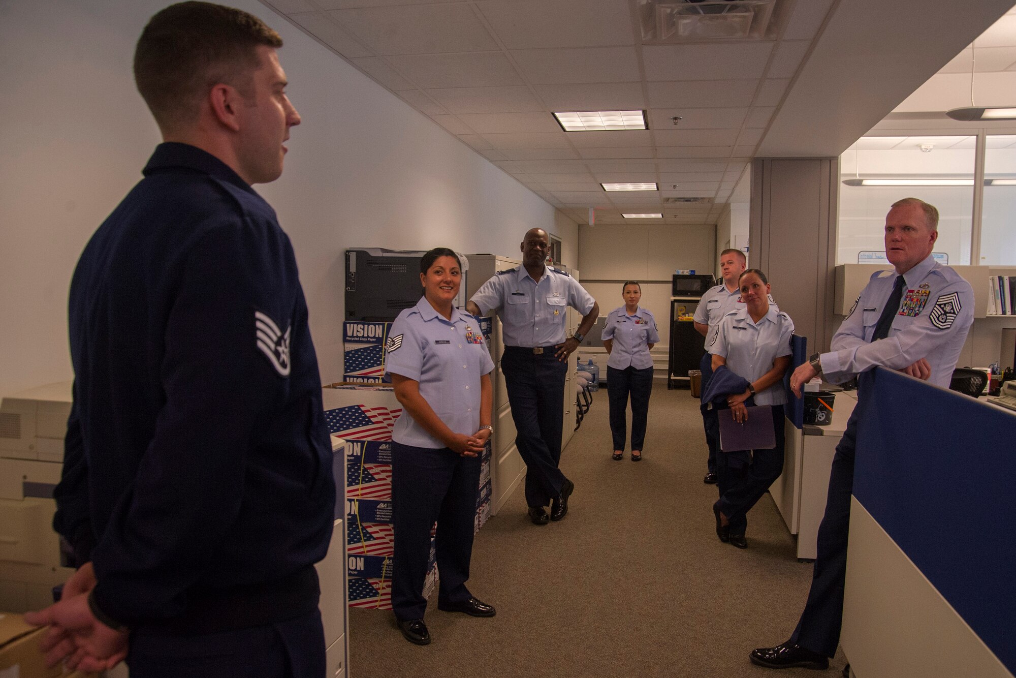 Chief Master Sgt. of the Air Force James A. Cody speaks to 811th Commanders Support Staff members during his visit of the 811th Force Support Squadron at the Pentagon in Arlington, Va., June 28, 2016. Cody visited the unit to see firsthand how they execute the mission. The unit, an 11th Wing asset, provides personnel support, continuing education opportunities, recreation services and deployment and family readiness services to military, civilians and retirees and dependents in the National Capitol Region. (U.S. Air Force photo by Airman Gabrielle Spalding)
