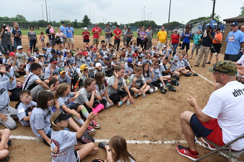 Washington Nationals team members do a Q&A with children of military personnel at the Major League Baseball Players Trust City Clinic’s youth baseball clinic on Joint Base Andrews, Md., June 28, 2016. The Players Trust, DC Grays, a Cal Ripken Collegiate Baseball League team, and USO Metro coordinated this event. More than 100 children attended the clinic, receiving coaching from collegiate and professional baseball players, as well as free baseballs, gloves, T-shirts and autograph cards. (U.S. Air Force photo by Senior Airman Joshua R. M. Dewberry)