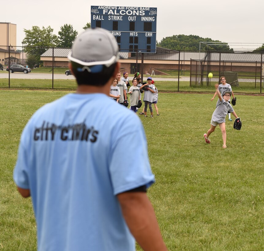 A collegiate baseball player teaches pitching fundamentals with children of military personnel at the Major League Baseball Players Trust City Clinic’s youth baseball clinic on Joint Base Andrews, Md., June 28, 2016. The Players Trust, DC Grays, a Cal Ripken Collegiate Baseball League team, and USO Metro coordinated this event. More than 100 children attended the clinic, receiving coaching from collegiate and professional baseball players, as well as free baseballs, gloves, T-shirts and autograph cards. (U.S. Air Force photo by Senior Airman Joshua R. M. Dewberry)