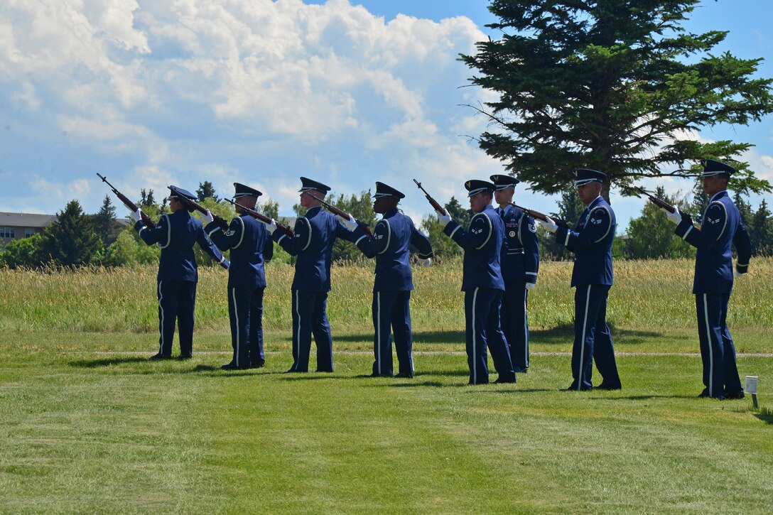 Members of the Malmstrom Air Force Base Honor Guard perform a three-volley salute for retired Gen. Robert Mathis’ funeral June 29, 2016, in Bozeman, Mont. Mathis served 34 years in the U.S. Air Force, and was the vice chief of staff of the Air Force 1980-1982. (U.S. Air Force photo/ Airman 1st Class Daniel Brosam)