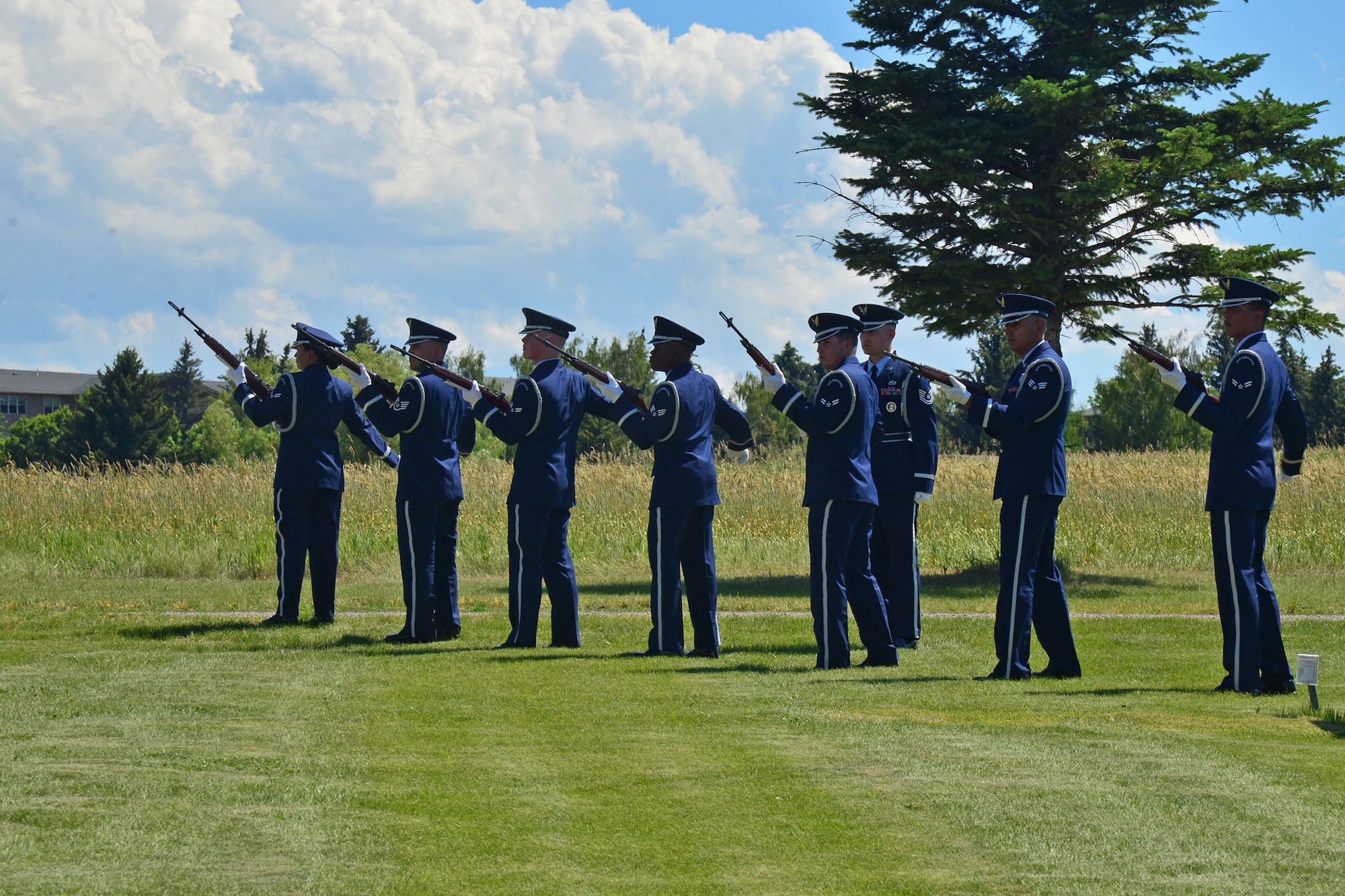 Members of the Malmstrom Air Force Base Honor Guard perform a three-volley salute for retired Gen. Robert Mathis’ funeral June 29, 2016, in Bozeman, Mont. Mathis served 34 years in the U.S. Air Force, and was the vice chief of staff of the Air Force 1980-1982. (U.S. Air Force photo/ Airman 1st Class Daniel Brosam)