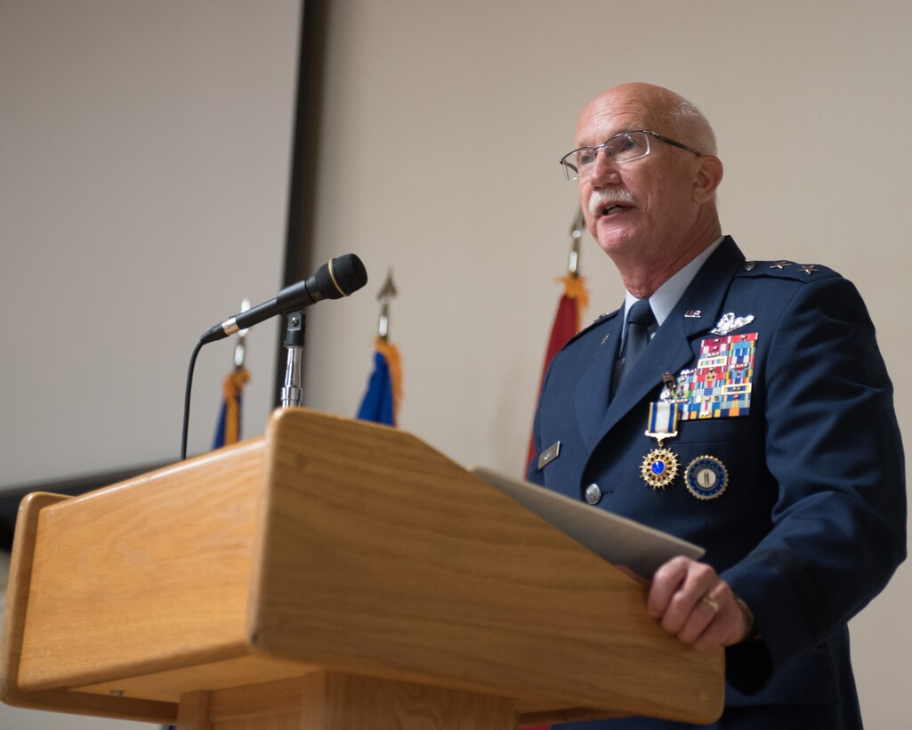 Maj. Gen. Mark R. Kraus, Air National Guard assistant to the commander, United States Air Forces Central Command, addresses an audience of friends, family and co-workers during his retirement ceremony at the Kentucky Air National Guard Base in Louisville, Ky., on June 12, 2016.  Kraus served for more than 43 years in the United States Air Force and Air National Guard. (U.S. Air National Guard photo by Master Sgt. Phil Speck)