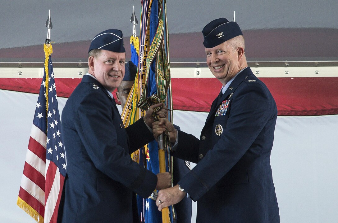 Maj. Gen. James B. Hecker, 19th Air Force commander, addresses the crowd during the 12th Flying Training Wing assumption of command ceremony, June 30, 2016 at Joint Base San Antonio-Randolph, Texas. The 12th FTW is responsible for pilot instructor training, combat systems officer training, remotely piloted aircraft pilot indoctrination and basic sensor operator qualification. The wing manages all airmanship programs for U.S. Air Force Academy cadets, and introductory fIight screening for all Air Force officers scheduled to enter pilot, combat systems officer or remotely piloted aircraft training. The wing also hosts an Introduction to Fighter Fundamentals Program and conducts electronic warfare training for the U.S. Air Force and multi-national forces. 