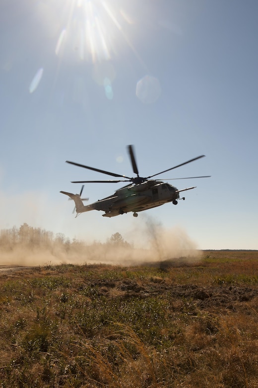 A CH-53E Super Stallion lands after training during Exercise Eager Response at Fort Stewart, Ga., Feb. 25, 2016. During the exercise, Marines trained in events such as casualty evacuation, assault support missions and aerial refueling, proving the 2nd Marine Aircraft Wing is a highly effective combat force. (U.S. Marine Corps photo by Pfc. Nicholas P. Baird/Released)