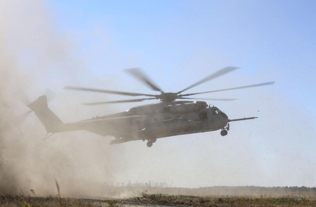 A CH-53E Super Stallion operated by Marines with Marine Heavy Helicopter Squadron 366 evacuates Marines with India Company, 3rd Battalion, 6th Marine Regiment, during a simulated casualty evacuation as part of exercise Eager Response at Fort Stewart, Ga., Feb. 26, 2016. During Exercise Eager Response, Marines trained in events such as casualty evacuation, assault support missions and aerial refueling, proving the Marine Air-Ground Task Force is a highly effective combat force.  (U.S. Marine Corps photo by Cpl. Paul S. Martinez/Released)
