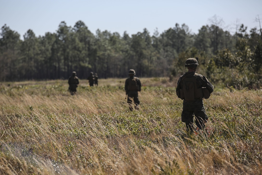 Marines with Kilo Company, 3rd Battalion, 6th Marine Regiment, conduct a patrol as part of Exercise Eager Response at Fort Stewart, Ga., Feb. 26, 2016. In addition to patrolling, Marines conducted casualty evacuation and defensive operations throughout the exercise. (U.S. Marine Corps photo by Cpl. Paul S. Martinez/Released)