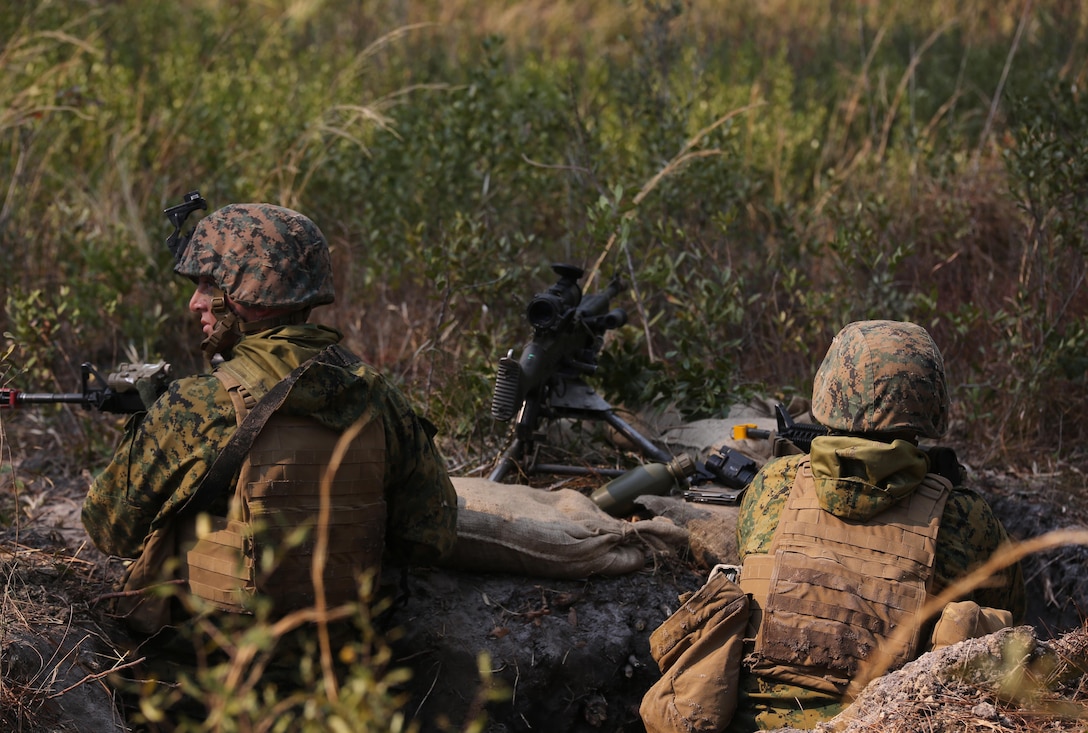 Marines with 3rd Battalion, 6th Marine Regiment, secure defensive positions as part of exercise Eager Response at Fort Stewart, Ga., Feb. 26, 2016. The various platoons of the companies quickly established defensive positions in an area unknown to them, thus challenging their ability to adapt and operate in a new environment. (U.S. Marine Corps photo by Cpl. Paul S. Martinez/Released)