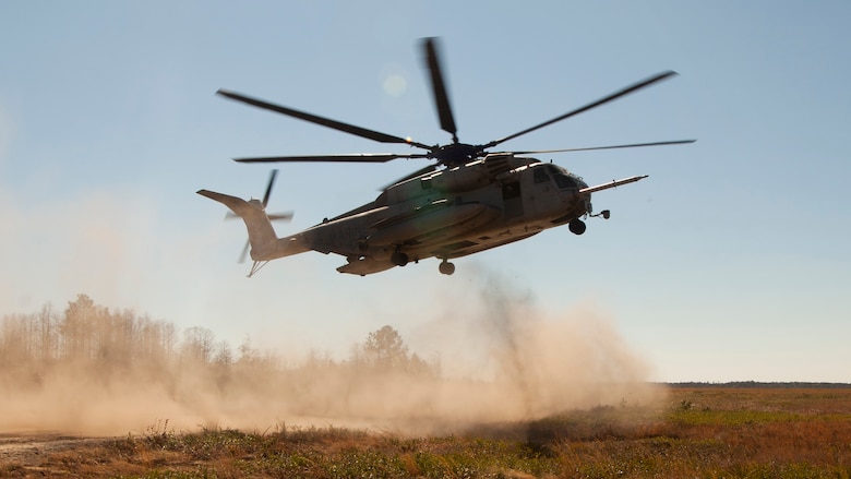 A CH-53E Super Stallion lands after training during Exercise Eager Response at Fort Stewart, Ga., Feb. 25, 2016. During the exercise, Marines trained in events such as casualty evacuation, assault support missions and aerial refueling, proving the 2nd Marine Aircraft Wing is a highly effective combat force.