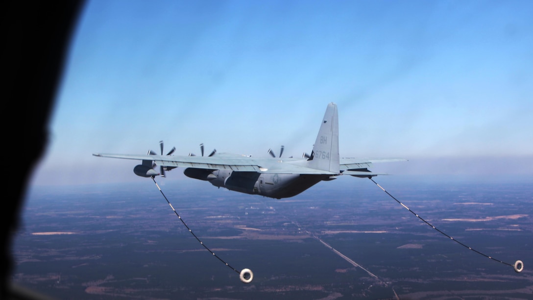 A KC-130J Super Hercules conducts aerial refueling missions during Exercise Eager Response at Marine Corps Air Station Beaufort, S.C., Feb. 25, 2016. During the exercise, Marines trained in events such as casualty evacuation, assault support missions and aerial refueling, proving the Marine Air-Ground Task Force is a highly effective combat force.