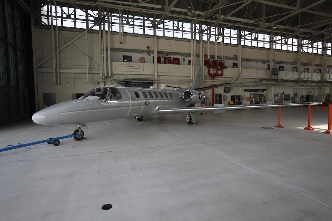 A UC-35 Citation sits in Marine Transport Squadron 1’s hangar on Cherry Point April 17, 2013. The Marine Corps uses commercial aircraft to quickly move important gear and personnel where they are needed. (U.S. Marine Corps Photo by Cpl. Scott Tomaszycki/Released)