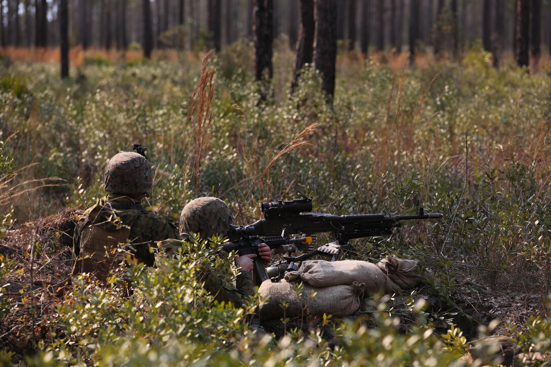 Marines with 3rd Battalion, 6th Marine Regiment, secure defensive positions as part of exercise Eager Response at Fort Stewart, Ga., Feb. 26, 2016. The various platoons of the companies quickly established defensive positions in an area unknown to them, thus challenging their ability to adapt and operate in a new environment. (U.S. Marine Corps photo by Cpl. Paul S. Martinez/Released)