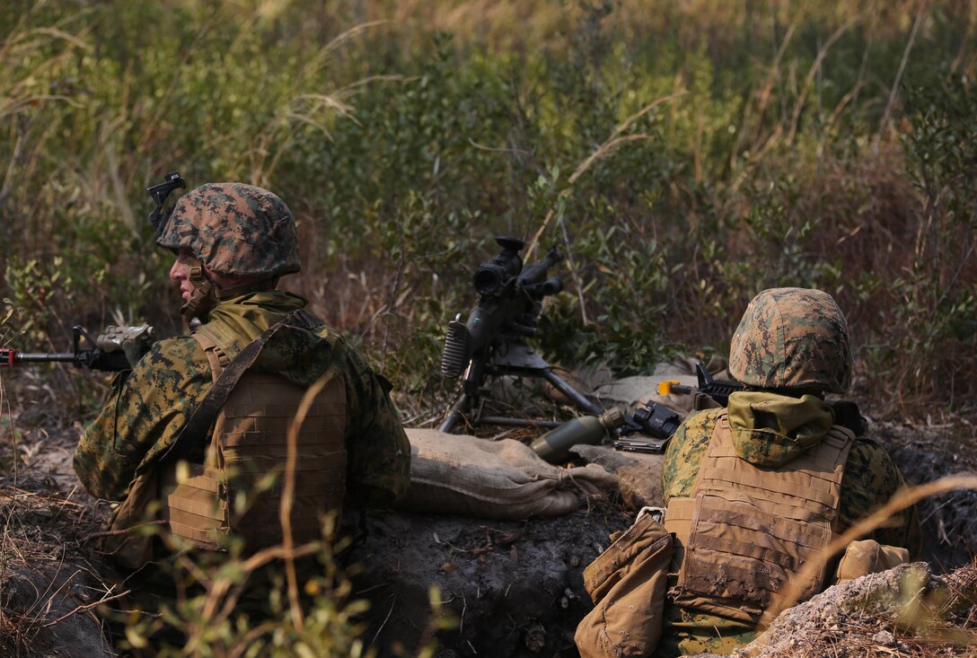 Marines with 3rd Battalion, 6th Marine Regiment, secure defensive positions as part of exercise Eager Response at Fort Stewart, Ga., Feb. 26, 2016. The various platoons of the companies quickly established defensive positions in an area unknown to them, thus challenging their ability to adapt and operate in a new environment. (U.S. Marine Corps photo by Cpl. Paul S. Martinez/Released)