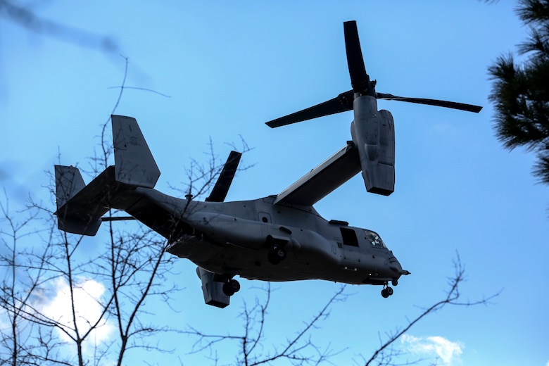 An MV-22B Osprey, operated by Marines with Marine Medium Tiltrotor Squadron 365, makes its descent at Fort Stewart, Ga., upon the start of exercise Eager Response, Feb. 25, 2016. The squadron was one of several units that transported 3rd Battalion, 6th Marine Regiment, from Marine Corps Base Camp Lejeune, N.C., to the U.S. Army training area. During Exercise Eager Response, Marines trained in events such as casualty evacuation, assault support missions and aerial refueling, proving the Marine Air-Ground Task Force is a highly effective combat force. (U.S. Marine Corps photo by Cpl. Paul S. Martinez/Released)