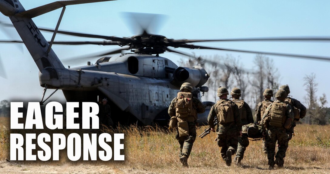 Marines with India Company, 3rd Battalion, 6th Marine Regiment, conduct a simulated casualty evacuation as part of exercise Eager Response at Fort Stewart, Ga., Feb. 26, 2016. The battalion conducted the training with the support of a CH-53E Super Stallion operated by Marines with Marine Heavy Helicopter Squadron 366. During Exercise Eager Response, Marines trained in events such as casualty evacuation, assault support missions and aerial refueling, proving the Marine Air-Ground Task Force is a highly effective combat force. (U.S. Marine Corps photo by Cpl. Paul S. Martinez/Released)