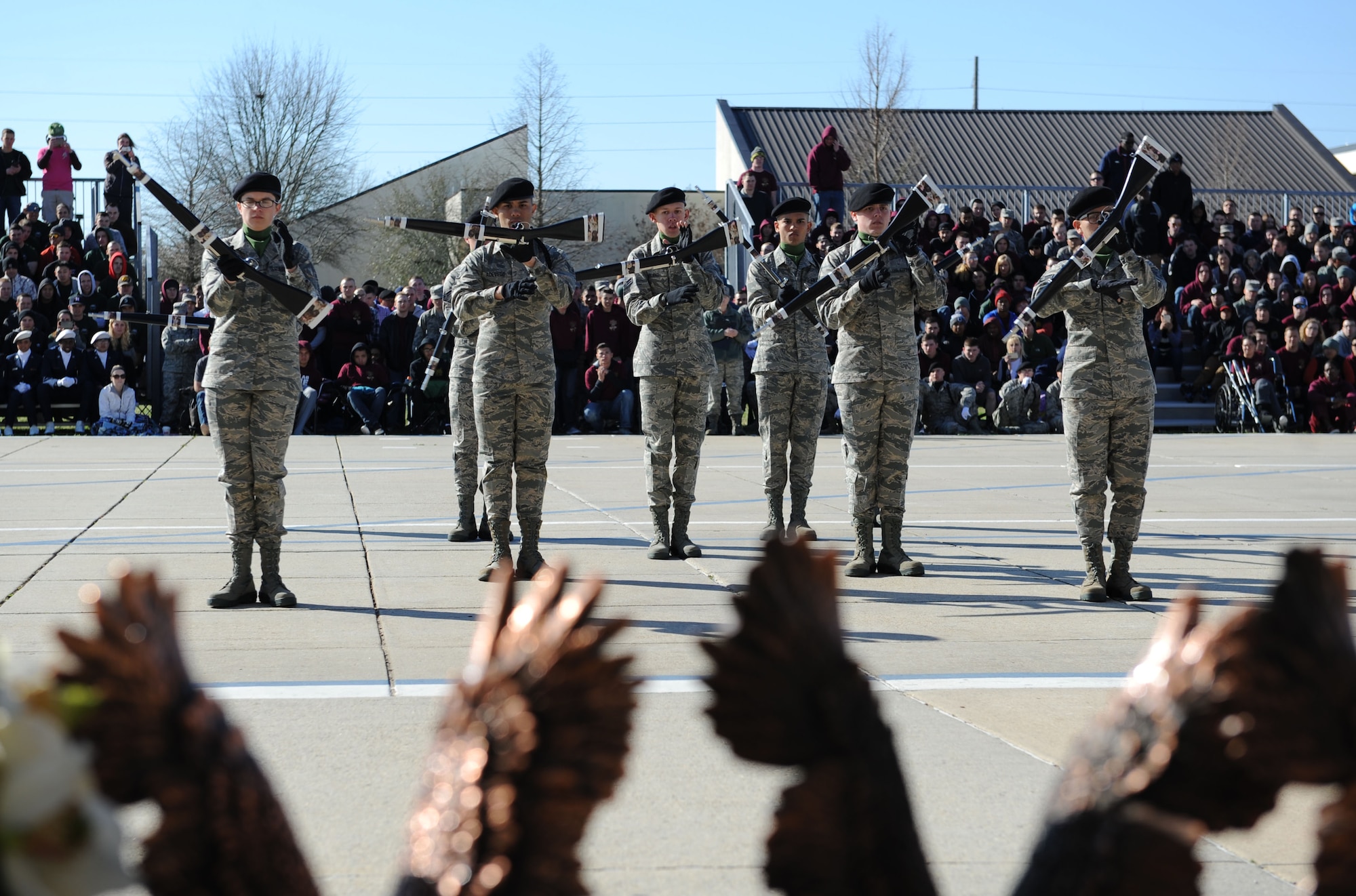 Members of the 334th Training Squadron freestyle drill team perform during the 81st Training Group drill down at the Levitow Training Support Facility drill pad Feb. 26, 2016, Keesler Air Force Base, Miss. The 334th TRS “Gators” placed first overall. (U.S. Air Force photo by Kemberly Groue)