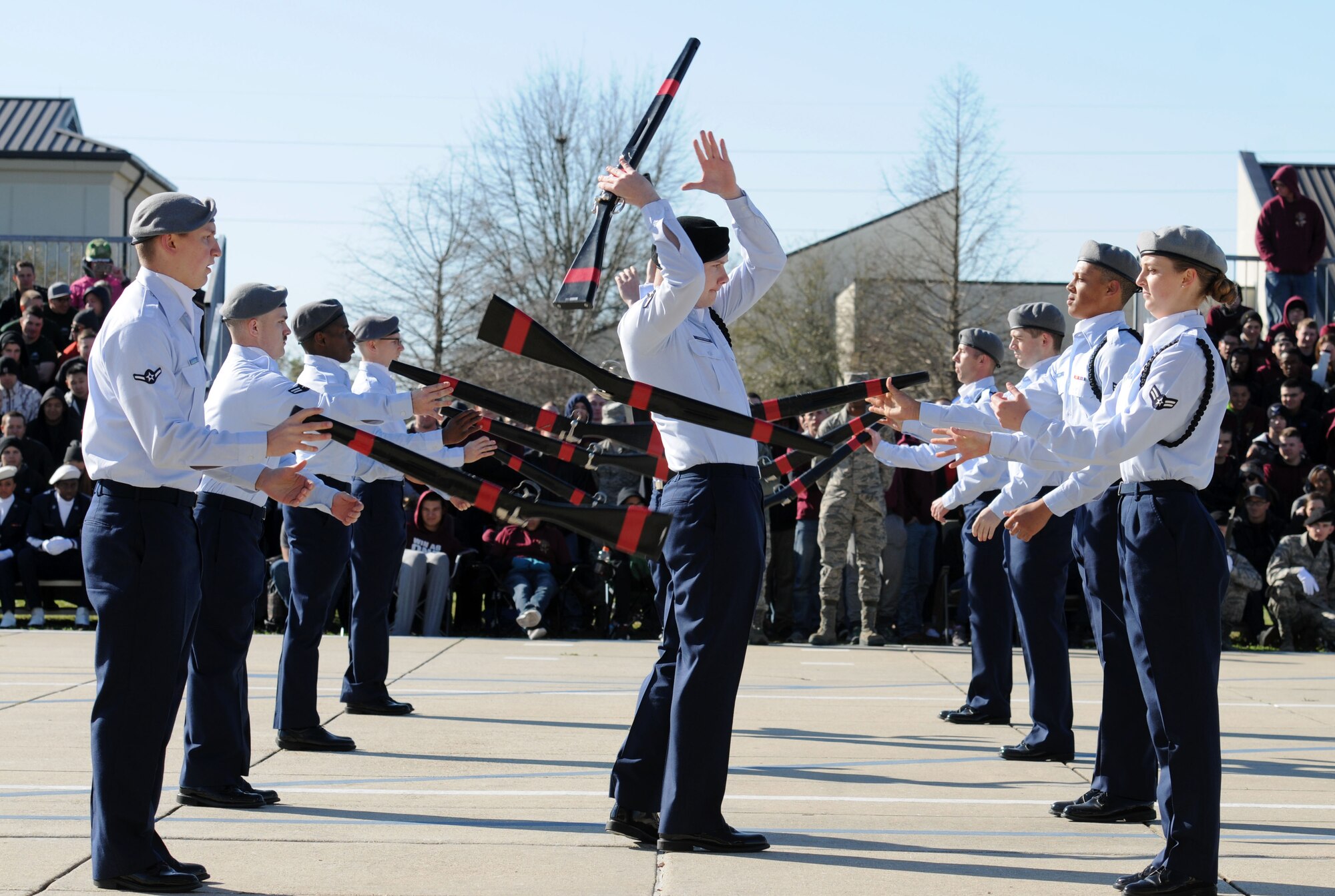 The 335th Training Squadron freestyle drill team performs during the 81st Training Group drill down at the Levitow Training Support Facility drill pad Feb. 26, 2016, Keesler Air Force Base, Miss. The 335th TRS “Bulls” placed second in freestyle and regulation. (U.S. Air Force photo by Kemberly Groue)