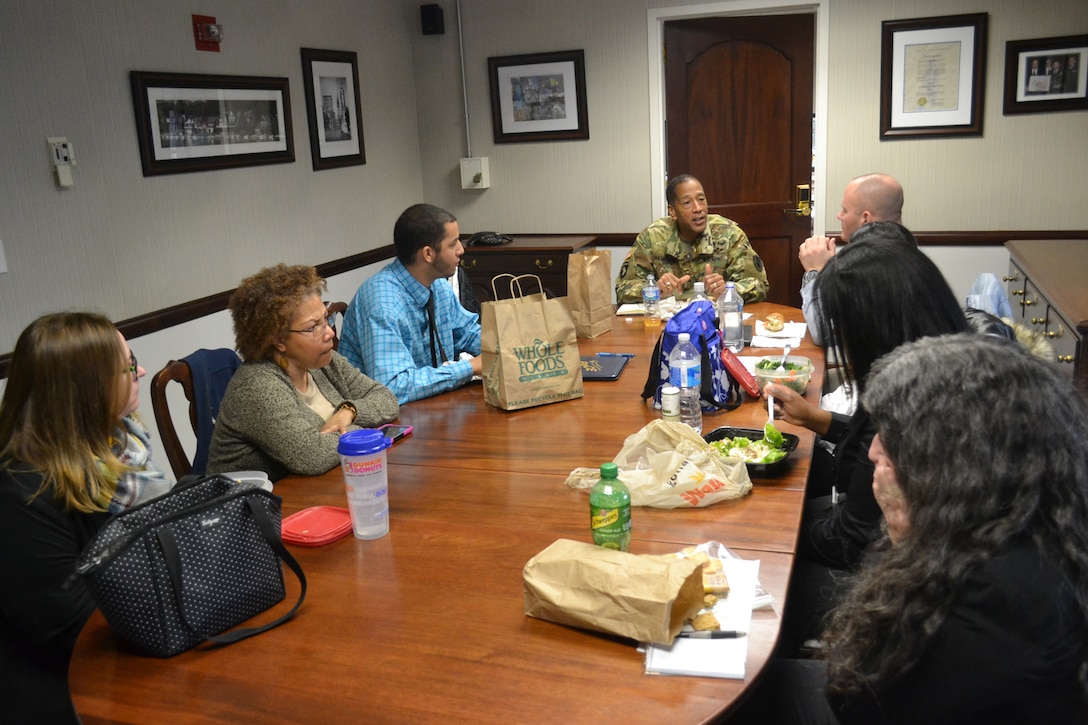 Army Brig. Gen. Charles Hamilton hosted his first brown bag luncheon with civilians in the Philadelphia Room Feb. 23, 2016. Attendees included members from different supply chains and staff offices.