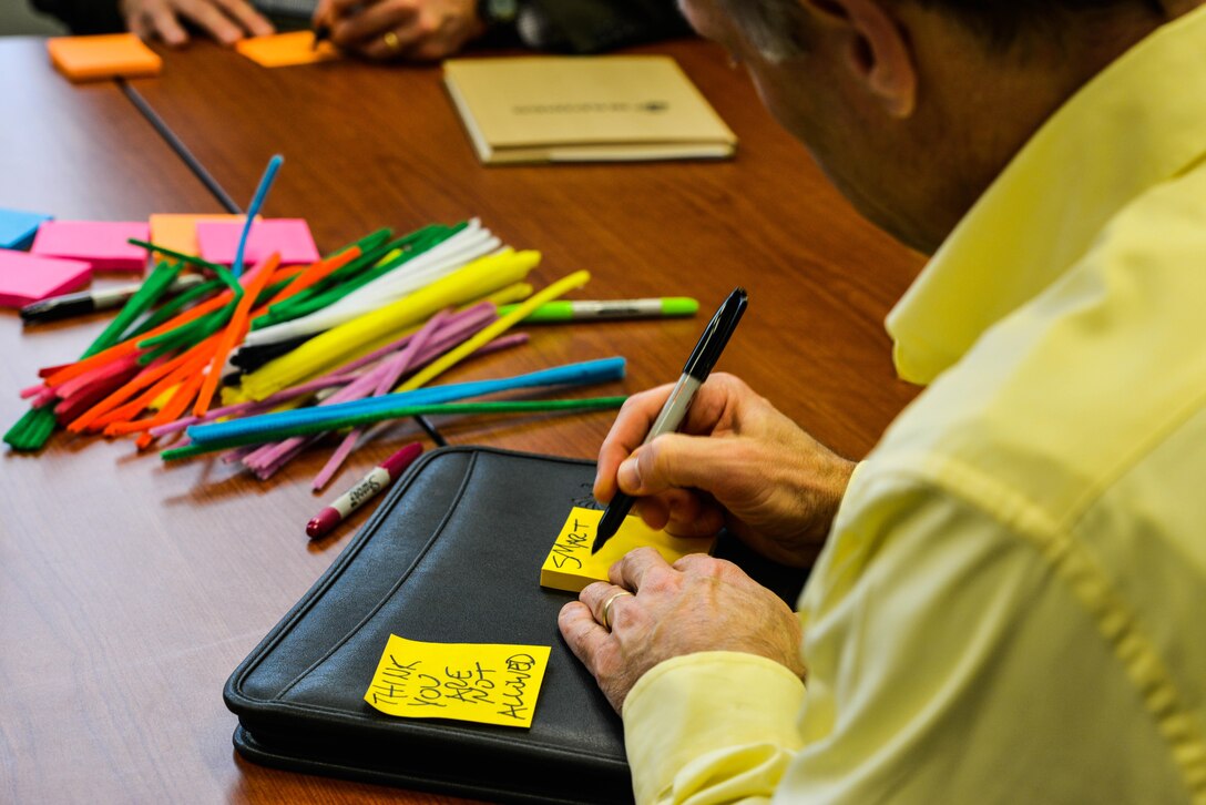 A participant at the Marine Corps Warfighting Lab’s Force Development 25 Innovation Symposium writes down common problems with leadership in the Marine Corps at Marine Corps Base Quantico, Virginia, Feb. 24, 2016. Participants at the event were put into workshops where they had to find problems with the Marine Corps and ways to solve them.