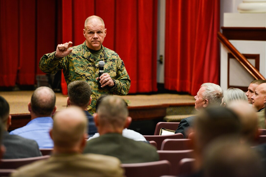 Gen. Robert Neller, the 37th Commandant of the Marine Corps, speaks to participants at the Marine Corps Warfighting Lab’s Force Development 25 Innovation Symposium at Marine Corps Base Quantico, Virginia, Feb. 23, 2016. Speakers at the symposium discussed future warfare capabilities and ideas. 