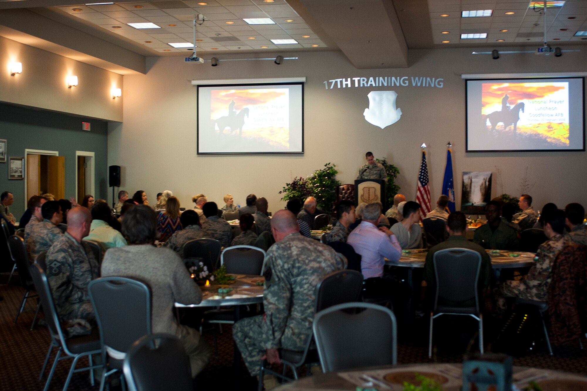Goodfellow Air Force Base and San Angelo community leaders gather at the National Prayer Luncheon at the Event Center on Goodfellow Air Force Base, Texas. Goodfellow hosts the event every year to honor the nation, its leaders and its members. (U.S. Air Force photo by Senior Airman Scott Jackson/Released)
