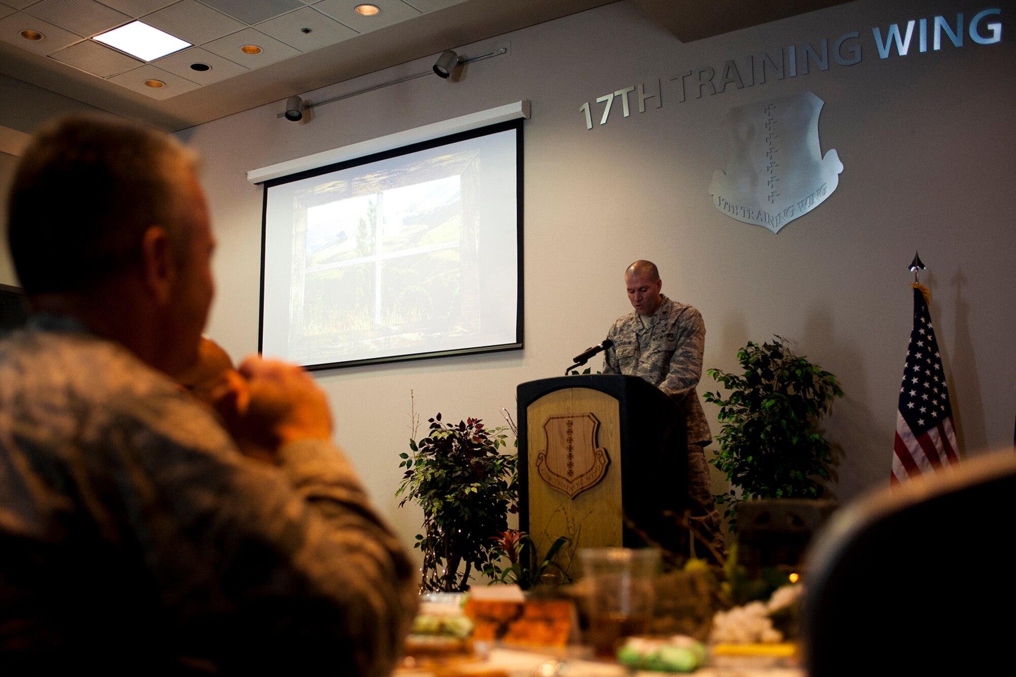 U.S. Air Force Chaplain (Maj.) Craig M. Forsythe, 17th Training Wing chaplain, introduces the guest speaker for the National Prayer Luncheon at the Event Center on Goodfellow Air Force Base, Texas, Feb. 25, 2016. Goodfellow hosts the event every year to honor the nation, its leaders and its members. (U.S. Air Force photo by Senior Airman Scott Jackson/Released)