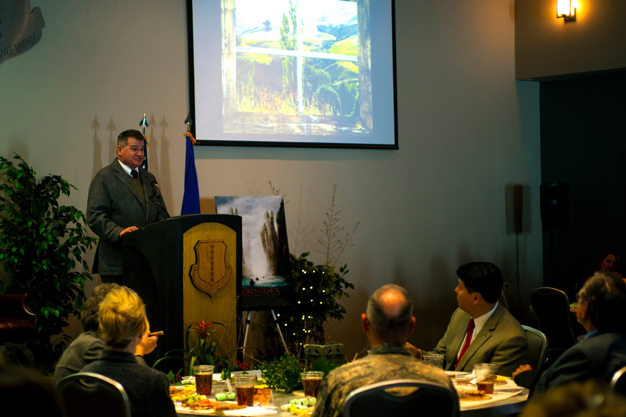 Chaplain (Lt. Col.) John F. Tillery, 17th Training Wing chaplain, dressed as J.R.R. Tolkien and speaking in a British accent, where Tolkien is from, gave a speech on the allegory and power of myth from Lord of the Rings at the Event Center on Goodfellow Air Force Base, Texas, Feb. 25, 2016. Tillery closed his speech on the power of hope to keep us going through the challenges that life brings us. (U.S. Air Force photo by Senior Airman Scott Jackson/Released)