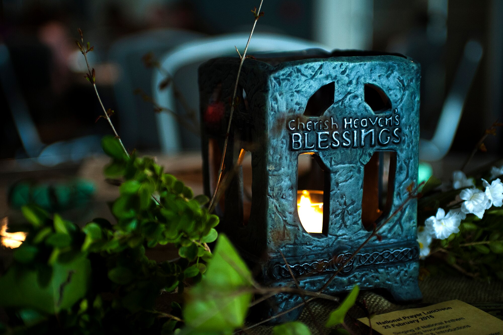 A lantern part of a display sits on a table during the National Prayer Luncheon at the Event Center on Goodfellow Air Force Base, Texas, Feb. 25, 2016. The theme tied in with the prayer by showing the power of hope in facing the challenges of life. (U.S. Air Force photo by Senior Airman Scott Jackson/Released)