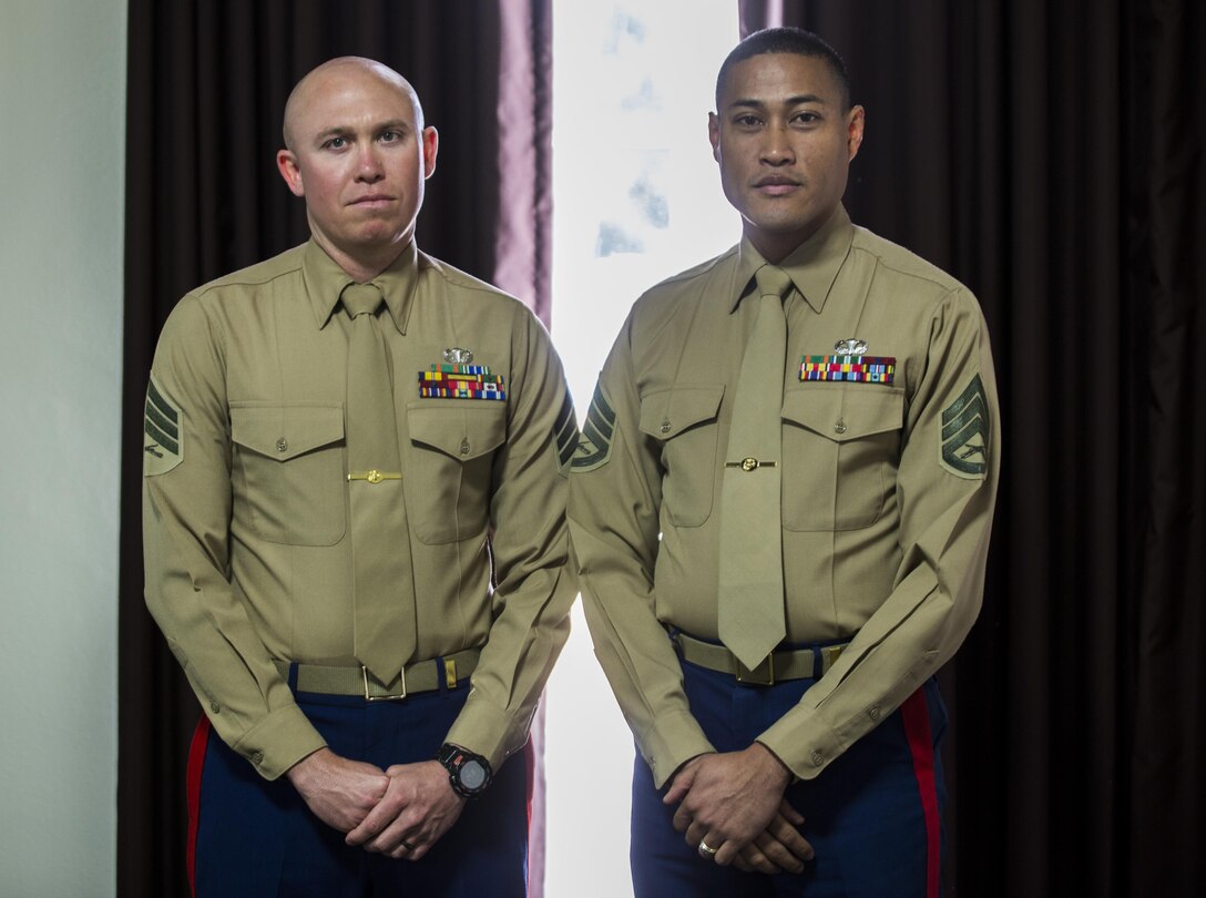 Reserve Career Planner of the Year, Sgt. Christopher Smith (left), from 3rd Air Naval Gunfire Liaison Company, Force Headquarters Group, Marine Forces Reserve, and runner-up Reserve Career Planner of the Year, Staff Sgt. Andrew Watson (right), from 4th Light Armored Reconnaissance Battalion, 4th Marine Division, Marine Forces Reserve, pose for a photo during the Reserve Career Planner Awards presentation at Marine Corps Recruit Depot San Diego, Calif., Feb. 24, 2016. Smith, Watson and other career planners work diligently through the year to assist Marines with making future occupational decisions. 