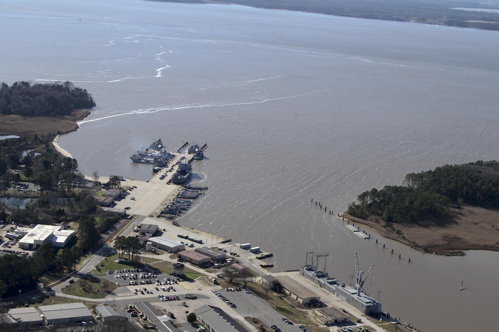 The Skiffes Creek Federal Navigation Channel allows vessels moored at Fort Eustis’ Third Port facility safe passage to and from the James River. (U.S Army photo/Patrick Bloodgood)


