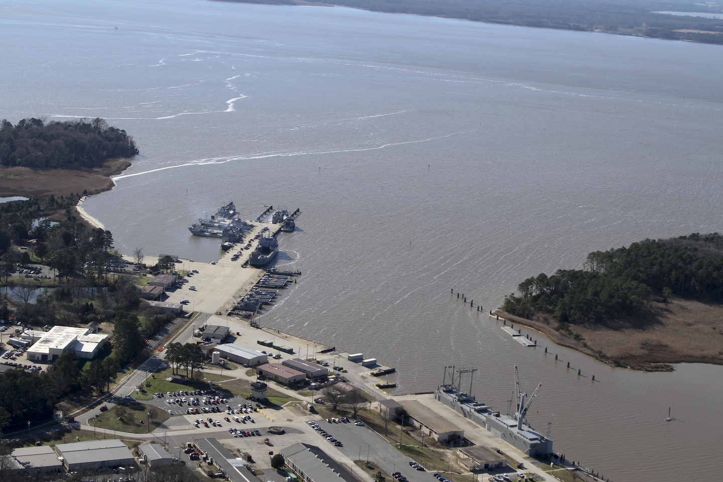 The Skiffes Creek Federal Navigation Channel allows vessels moored at Fort Eustis’ Third Port facility safe passage to and from the James River. (U.S Army photo/Patrick Bloodgood)

