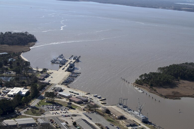 The Skiffes Creek Federal Navigation Channel allows vessels moored at Fort Eustis’ Third Port facility safe passage to and from the James River. (U.S Army photo/Patrick Bloodgood)

