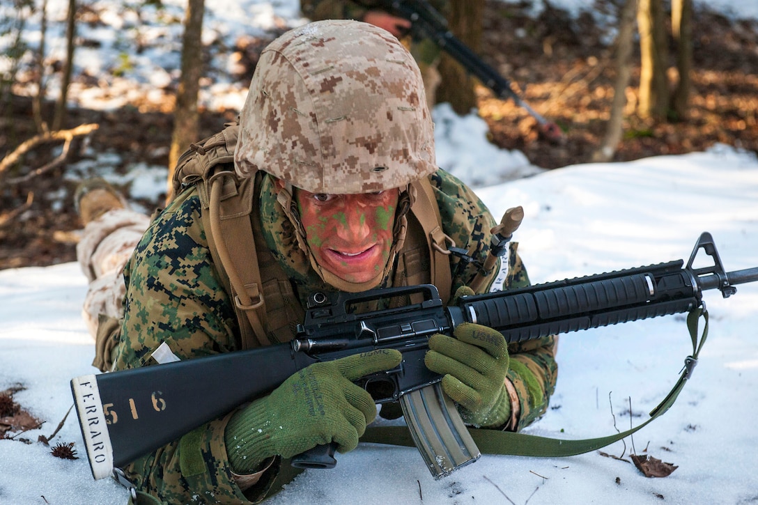 A Marine Corps officer candidate low crawls to his next objective during a small-unit leadership evaluation at Brown Field on Marine Corps Base Quantico, Va., Feb. 18, 2016. Marine Corps photo by Cpl. Patrick H. Owens