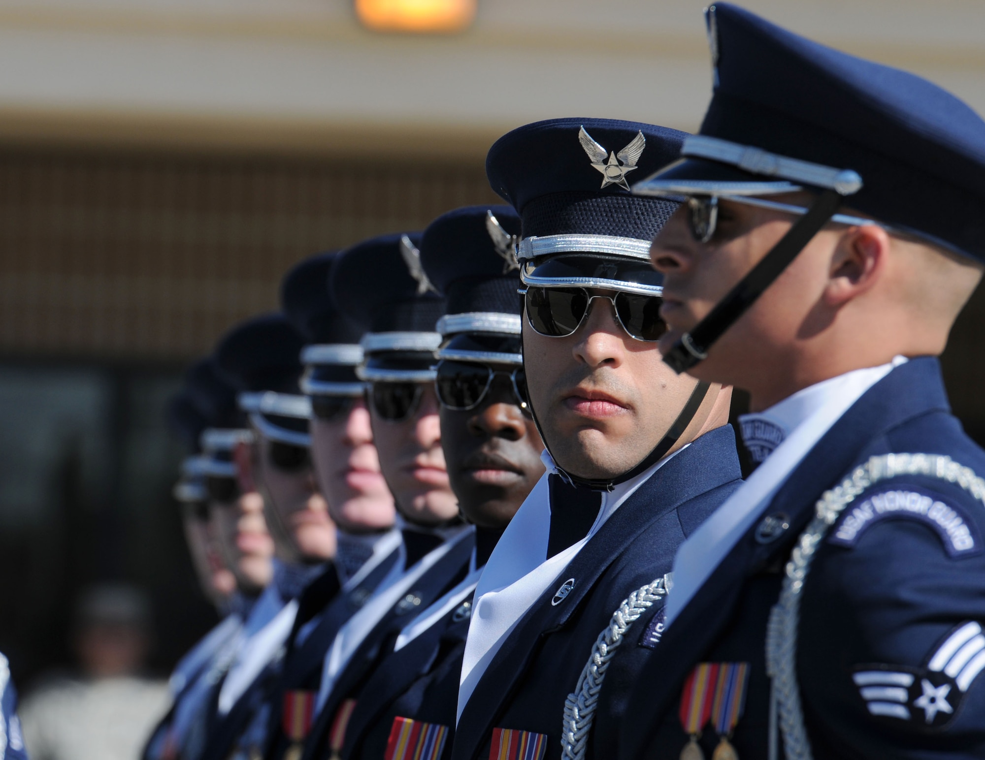 The U.S. Air Force Honor Guard Drill Team performs a new routine on the Levitow Training Support Facility drill pad Feb. 26, 2016, Keesler Air Force Base, Miss. During the past month, the team developed the routine to be used throughout the year. (U.S. Air Force photo by Kemberly Groue)