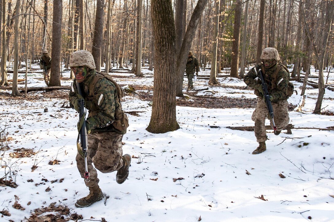 Marine Corps officer candidates advance to their next objective during a small-unit leadership evaluation at Brown Field on Marine Corps Base Quantico, Va., Feb. 18, 2016. Marine Corps photo by Cpl. Patrick H. Owens