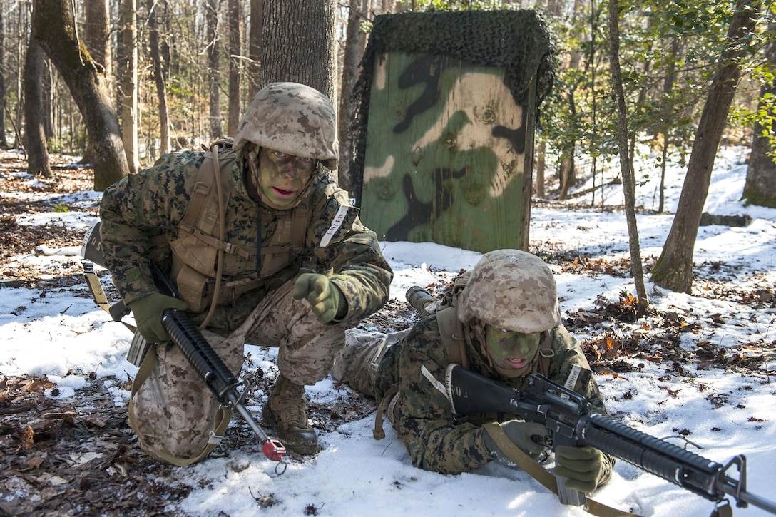 Marine Corps officer candidates provide security during a small-unit leadership evaluation at Brown Field on Marine Corps Base Quantico, Va., Feb. 18, 2016. Marine Corps photo by Cpl. Patrick H. Owens