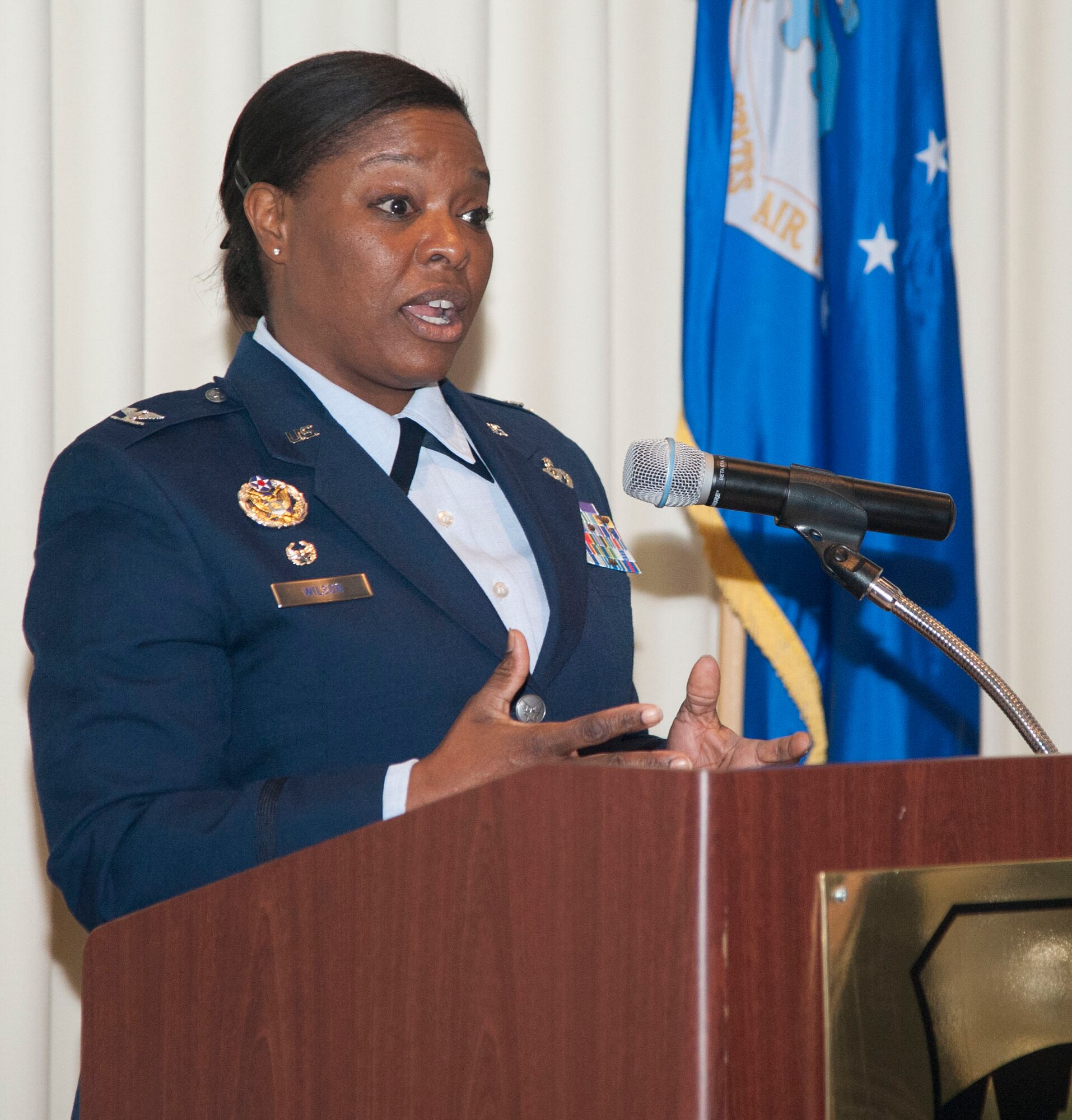 Col. Stephanie Wilson, the commander of the 72nd Air Base Wing at Tinker Air Force Base, Oklahoma, and guest speaker at the Vance Air Force Base Black History Month luncheon, speaks about the observance, her personal story and significant Oklahoma people and places Feb. 25 at the Vance Collocated Club. (U.S. Air Force photo/ Staff Sgt. Nancy Falcon)