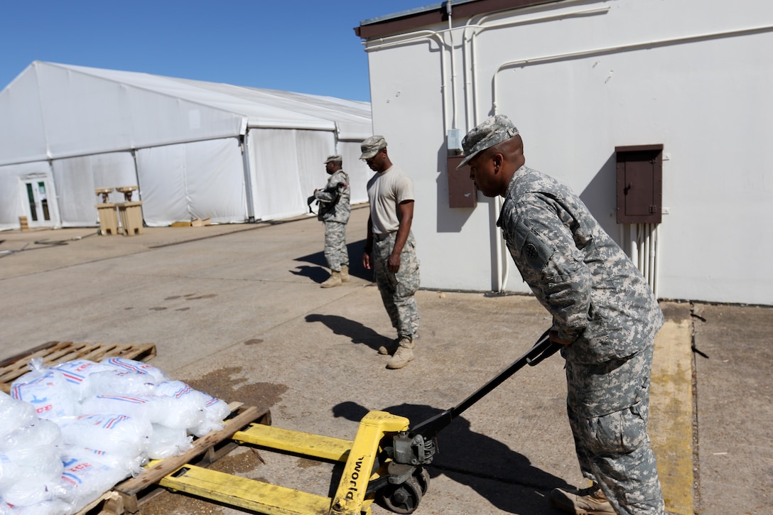 A food services specialist with the 425th Brigade Special Troops Battalion, an active duty unit based in Fort Richardson, Alaska, is part of the operation that supplies food for Soldiers at the intermediate staging base in Alexandria, Louisiana for rotation 16-04 at the Joint Readiness Training Center Fort Polk, Louisiana. The active-duty unit is augmenting for their Reserve Component counterparts for the exercise. The Army and Army Reserve continuously make preparations to deliberately and purposefully integrate training among and between components as part of the Army Total Force Policy. The policy ensures that there is continuity within the different components and promotes interoperability.